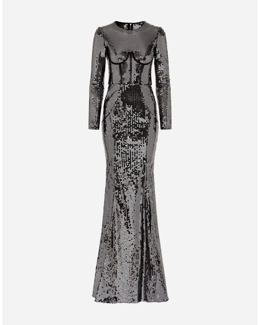 Dolce & Gabbana White Long Sequined Dress With Corset Detailing