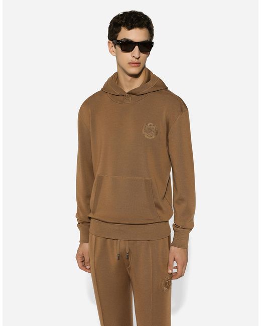メンズ Dolce & Gabbana Wool And Silk Hoodie With Dg Patch Brown