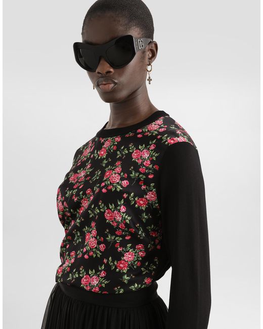 Dolce & Gabbana Black Small Rose Bouquets-Print Silk And Satin Pullover
