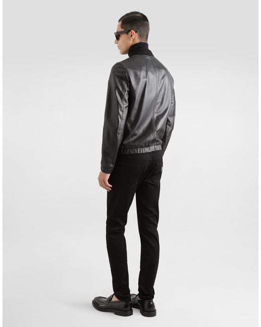 Dolce & Gabbana Black Lamb Leather Jacket With Front Metal Logo Plaque for men