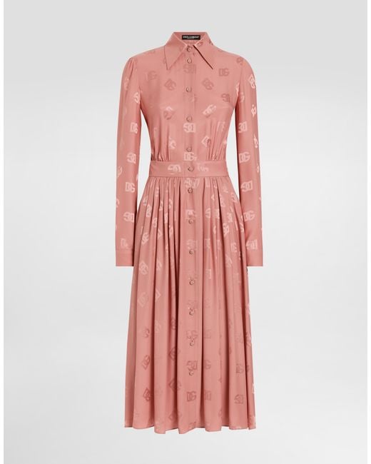Dolce & Gabbana Pink Silk Satin Jacquard Shirt Dress With Dg Logo