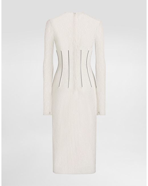 Dolce & Gabbana Natural Lace Calf-Length Dress With Corset Detailing