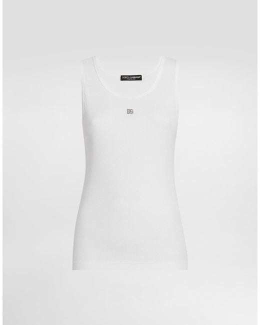 Dolce & Gabbana White Fine-Rib Jersey Tank Top With Dg Logo Pin