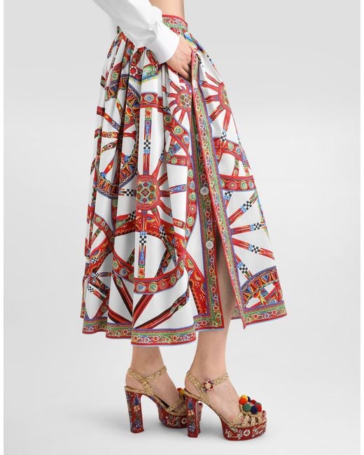 Dolce & Gabbana Red Carretto-Print Poplin Long Skirt