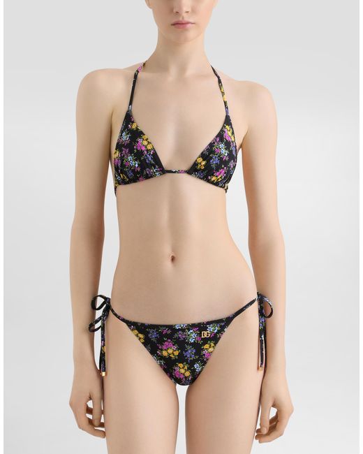Dolce & Gabbana White Small Floral-Print Triangle Bikini