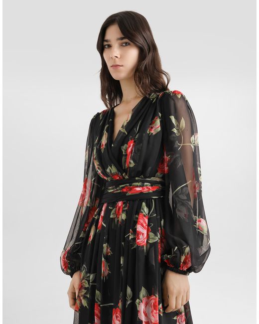 Dolce & Gabbana Black Rose Bouquet-Print Long Chiffon Dress