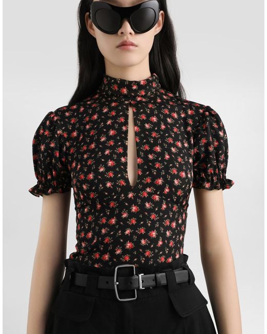 Dolce & Gabbana Black Small Rose-Print Charmeuse Top
