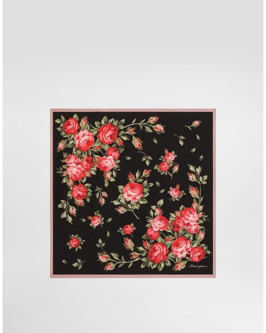 Dolce & Gabbana Black Rose Bouquet-Print Silk Twill Scarf 50X50