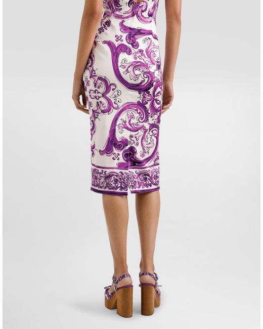 Dolce & Gabbana Purple Silk Midi Pencil Dress With Maiolica Print