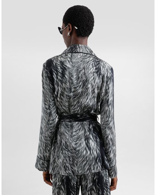 Dolce & Gabbana Gray Pyjamabluse Aus Seidensatin Fellprint