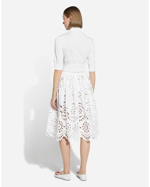 Dolce & Gabbana White Cotton Midi Circle Skirt With Cut-Out Detailing