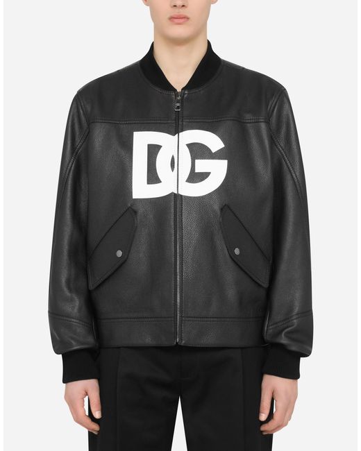Dolce & Gabbana Leather Jacket With Dg Logo Print in Black for Men - Lyst