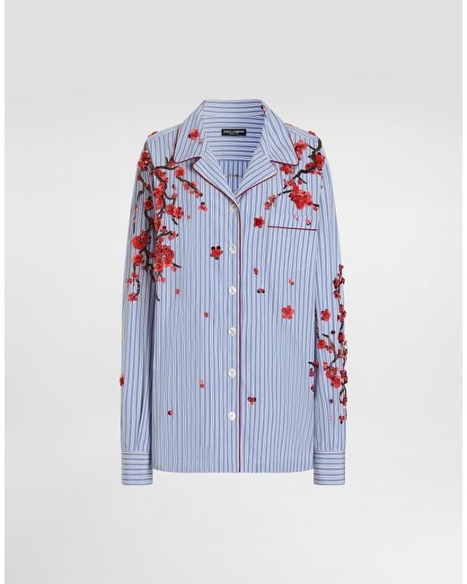 Dolce & Gabbana Blue Poplin Shirt With Cherry Tree Embroidery