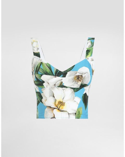 Dolce & Gabbana Blue Cotton Corset Top With Gardenia