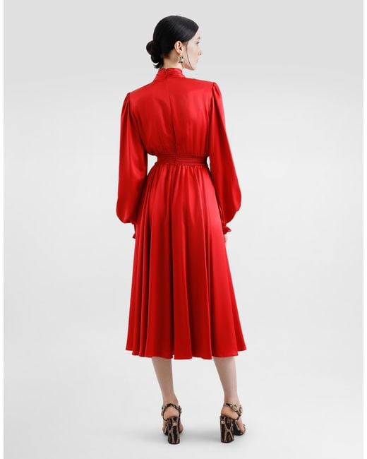 Dolce & Gabbana Red Silk Satin Shirt Dress With Pussy-Bow