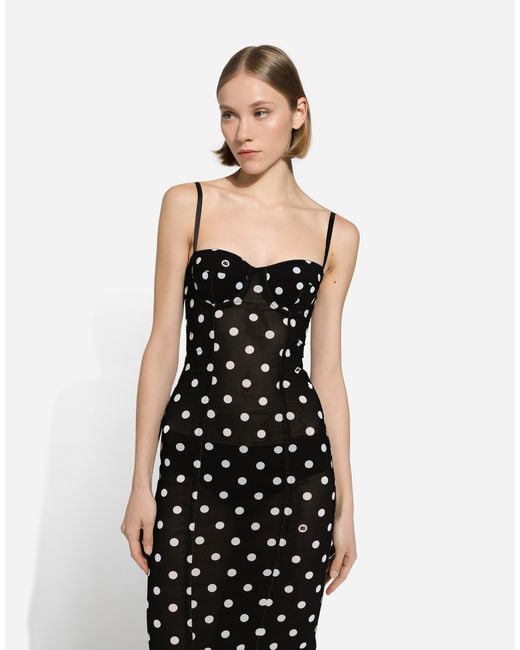 Dolce & Gabbana Black Stretch Midi Sheath Dress With Polka Dot Print