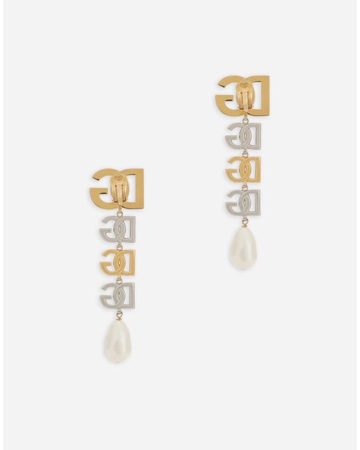 Dolce & Gabbana White Drop Earrings With Two-Tone Dg Multi-Logo