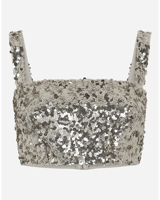 Dolce & Gabbana Gray Sequined Crop Top With Straps
