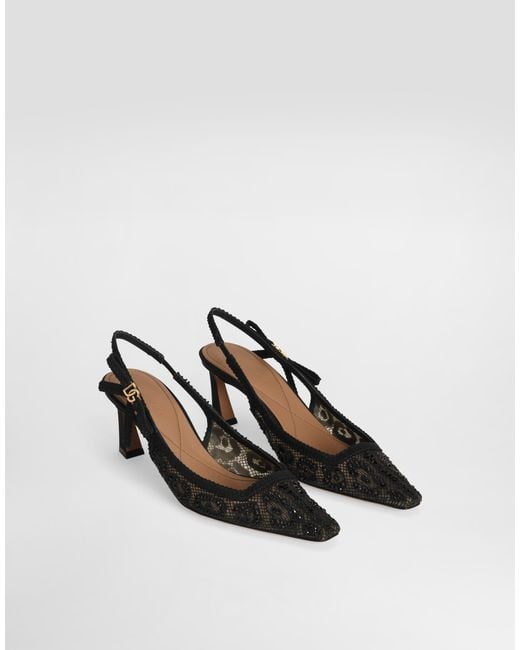 Dolce & Gabbana White Leopard-Design Lace Slingbacks With Fusible Rhinestones