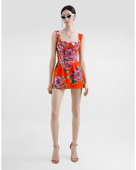 Dolce & Gabbana Red Long Cotton Corset Top With Rose