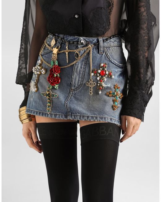 Minijupe En Denim Avec Broderies Dolce & Gabbana en coloris Blue