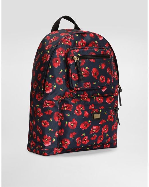 Dolce & Gabbana Red Poppy-Print Nylon Backpack