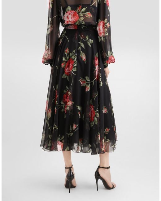 Dolce & Gabbana White Rose Bouquet-Print Chiffon Circle Skirt