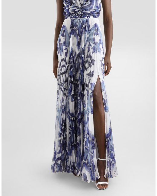 Dolce & Gabbana Blue Dg Exclusive Majolica-Print Chiffon Dress