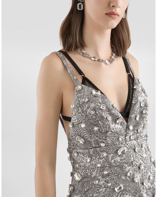 Dolce & Gabbana Gray Brocade Dress With Embroidery