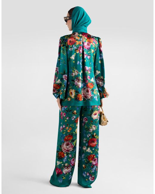 Dolce & Gabbana Green Rose-Print Satin Vanity Trousers