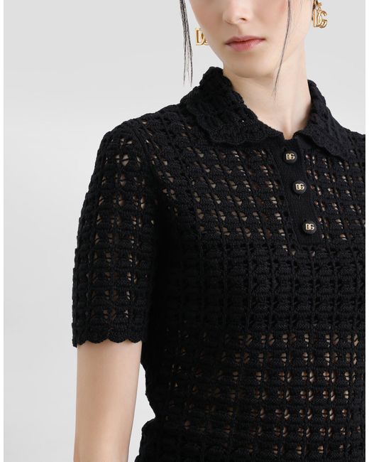 Dolce & Gabbana Black Wool Lace-Stitch Polo-Shirt