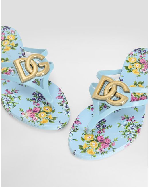 Dolce & Gabbana Blue Rubber Beachwear Slides With Logo And Little Flowers Print