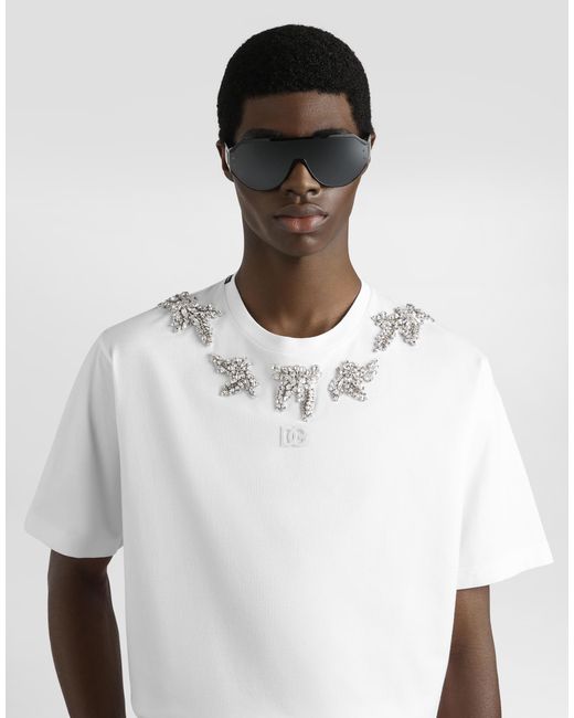 Dolce & Gabbana White Cotton T-Shirt With Embroidery And Brooch for men