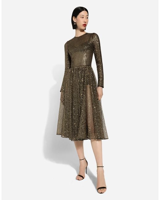 Dolce & Gabbana Natural Long-Sleeved Sequined Midi Dress