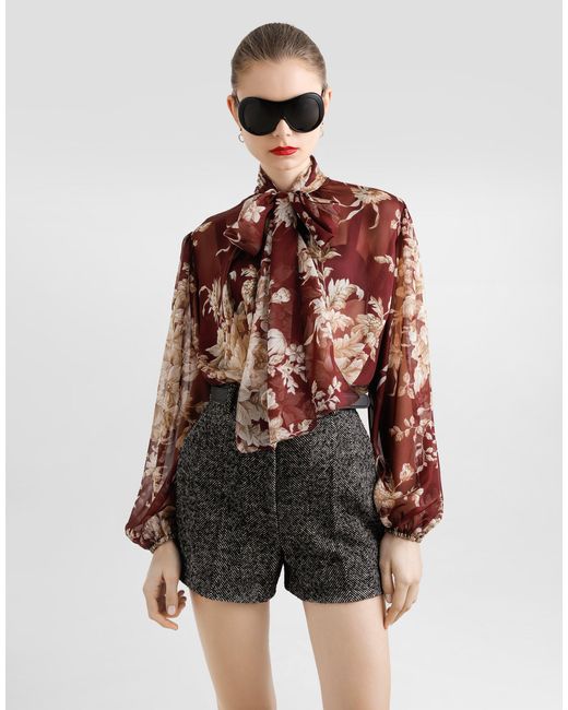 Dolce & Gabbana Brown Bluse Aus Chiffon Mit Rosenprint