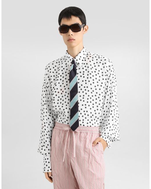 Dolce & Gabbana White Polka-Dot Print Wavy Silk Shirt for men