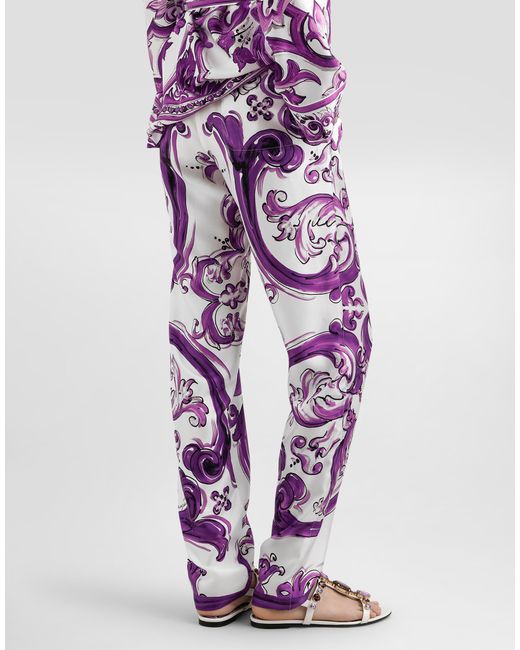 Dolce & Gabbana Purple Majolica-Print Silk Twill Vanity Trousers