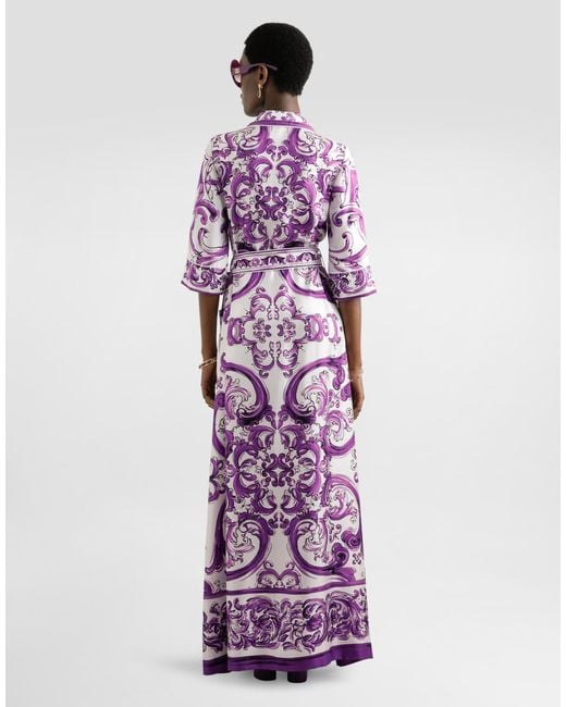 Long Majolica-Print Silk Dressing Robe Dolce & Gabbana en coloris Purple