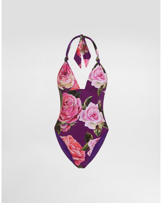 Dolce & Gabbana Pink Rose- One-Piece V-Neck Swimsuit