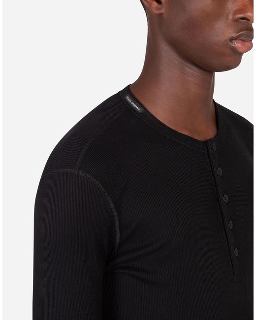 Dolce & Gabbana Black Fine-Rib Cotton Granddad-Neck T-Shirt With Long Sleeves for men