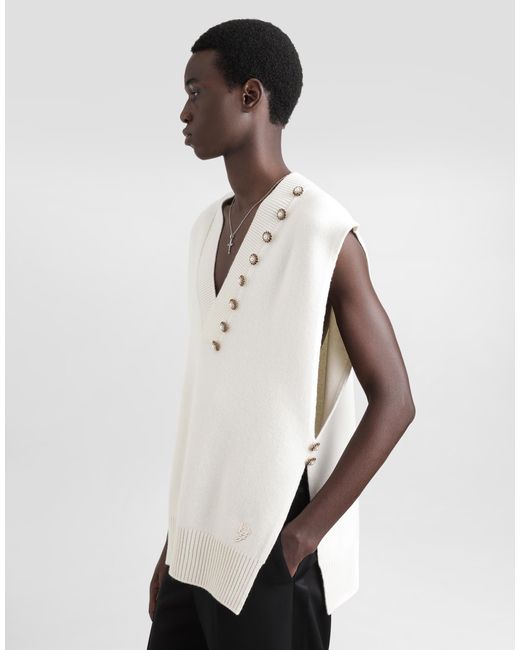 Dolce & Gabbana White Wool V-Neck Vest With Bejeweled Buttons And Dg Embroidery for men