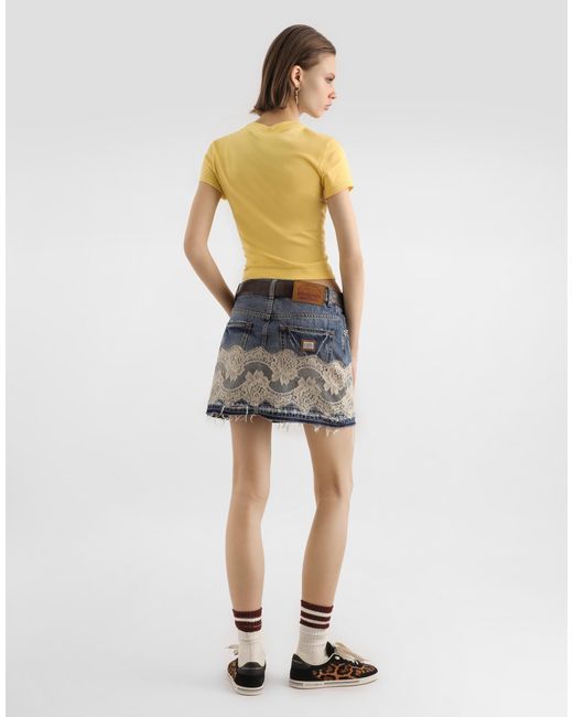 Dolce & Gabbana Blue Denim Skirt With Lace