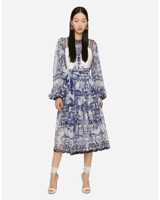 Dolce & Gabbana Blue Majolica Print Chiffon Midi Dress