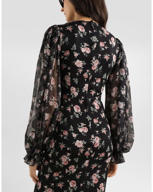 Dolce & Gabbana Black Kleid Aus Charmeuse Mit Vintage-Rosen-Print