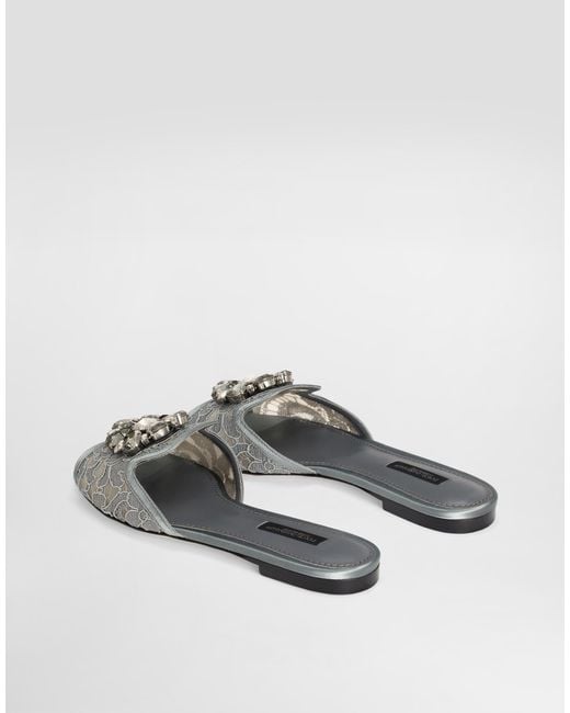 Dolce & Gabbana Gray Slide Sandal In Lace With Crystals