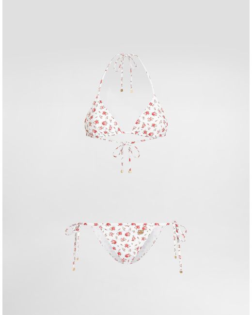 Dolce & Gabbana White Small Rose-Print Triangle Bikini