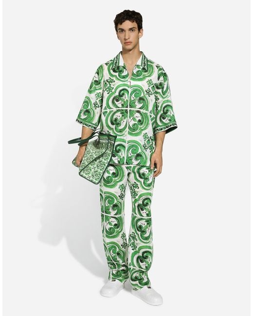 Pantalón Estilo Jogger De Lino Con Estampado Maiolica Dolce & Gabbana de hombre de color Green