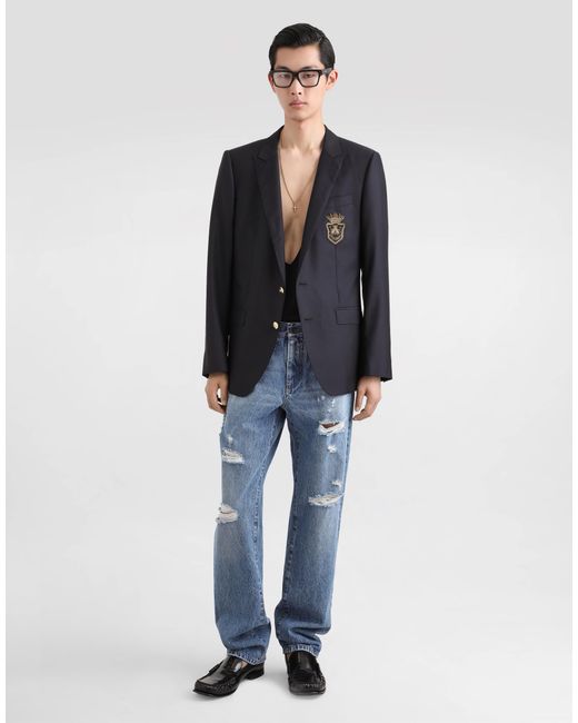 Dolce & Gabbana Blue Single-Breasted Wool And Silk Jacket With Patch for men
