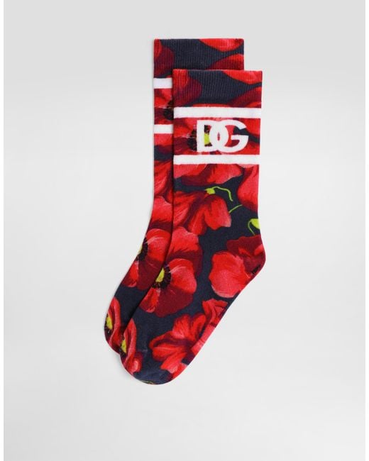 Dolce & Gabbana Red Poppy-Print Cotton Socks