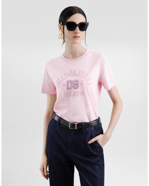 Dolce & Gabbana Pink Oversize Jersey T-Shirt With Raised Dg Logo Embroidery